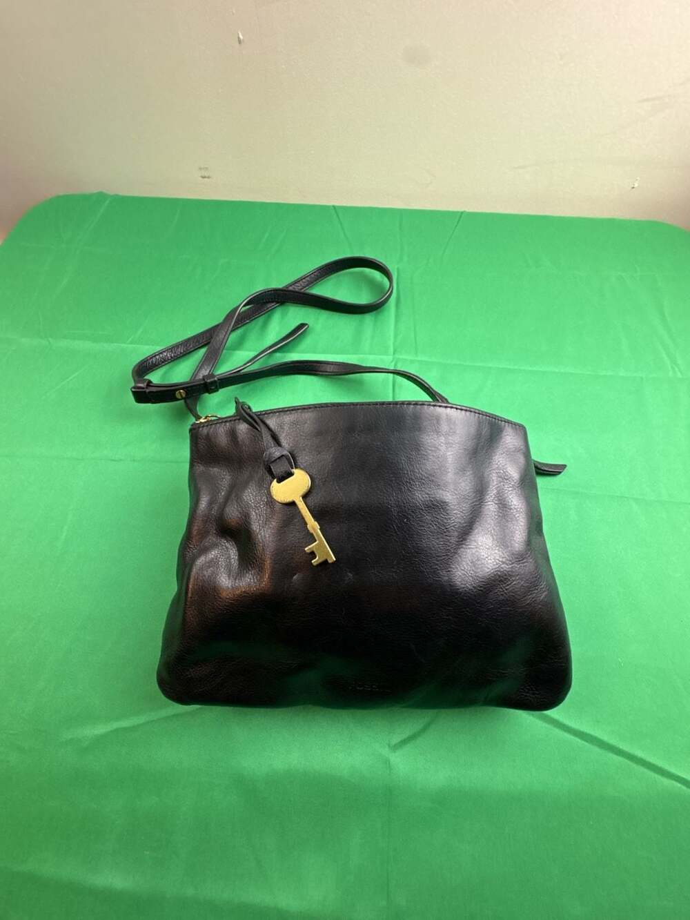 Fossil Black Leather Crossbody Bag with Key Charm